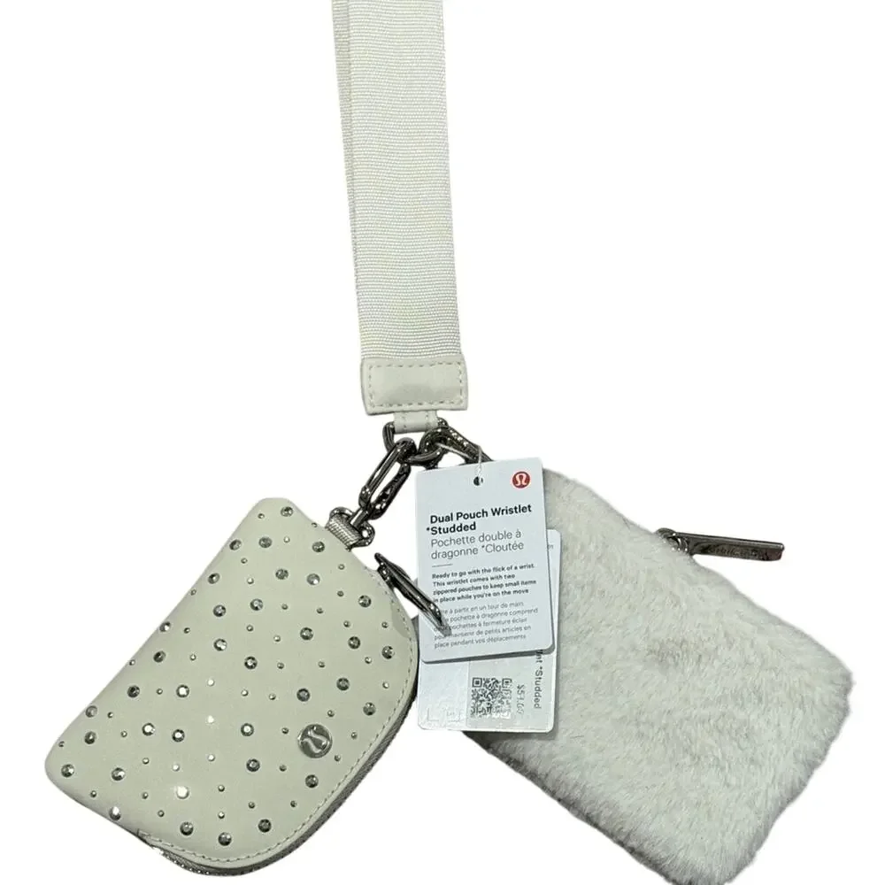 NWT Lululemon Athletica Dual‎ Pouch Wristlet Studded Bone/Silver RARE